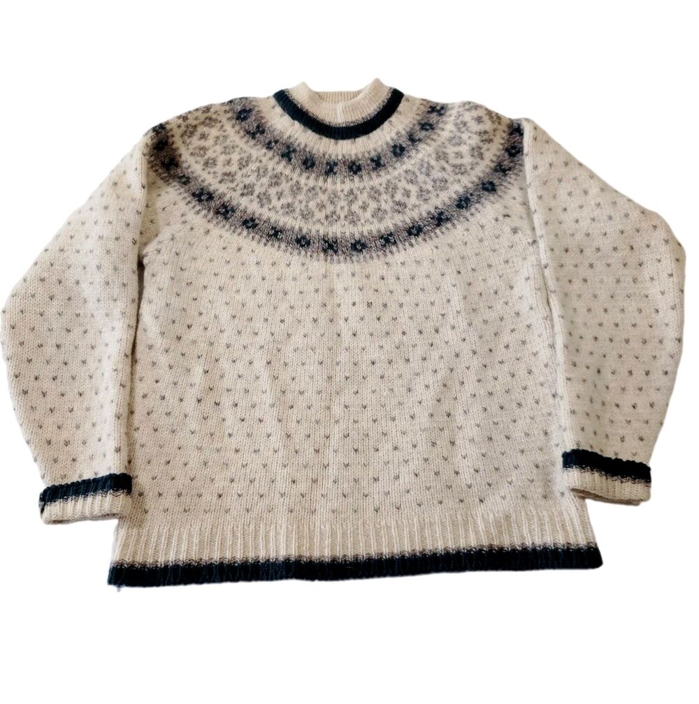 Cabin Fever Vintage Fair Isle Sweater 100% Shetland Wool Chunky Beige Green L